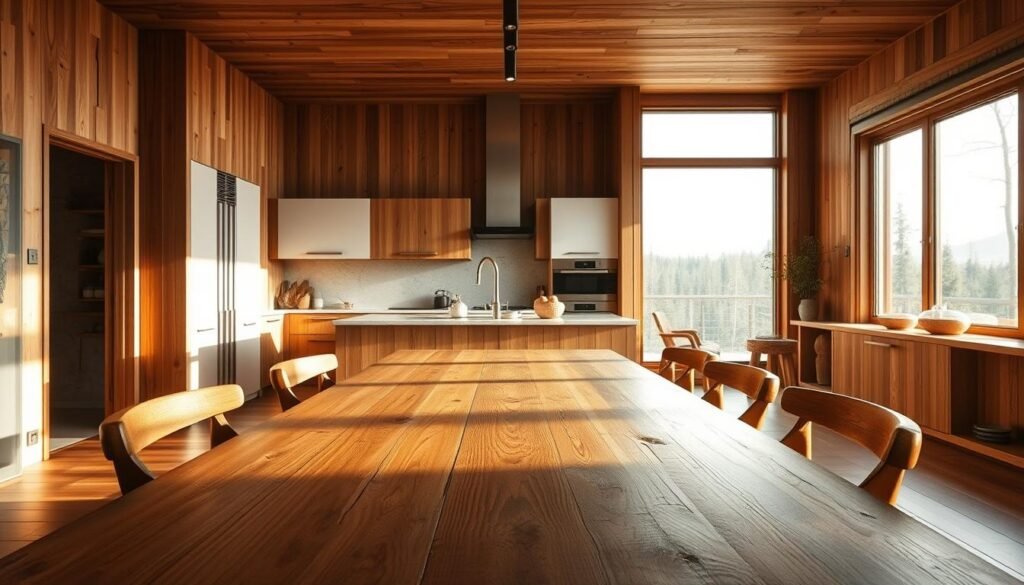A warm, inviting wooden kitchen design with natural grain and textures. In the foreground, a large, rustic wooden table with smooth, weathered surface and simple wooden chairs. Soft, diffused lighting from overhead illuminates the scene, casting gentle shadows. In the middle ground, a modern, minimalist kitchen with sleek, clean lines and a mix of wood and white cabinetry. Stainless steel appliances and fixtures provide a subtle contrast. The background features a large window overlooking a tranquil, wooded landscape, allowing natural light to flood the space. An overall atmosphere of calm, earthy elegance permeates the scene.
