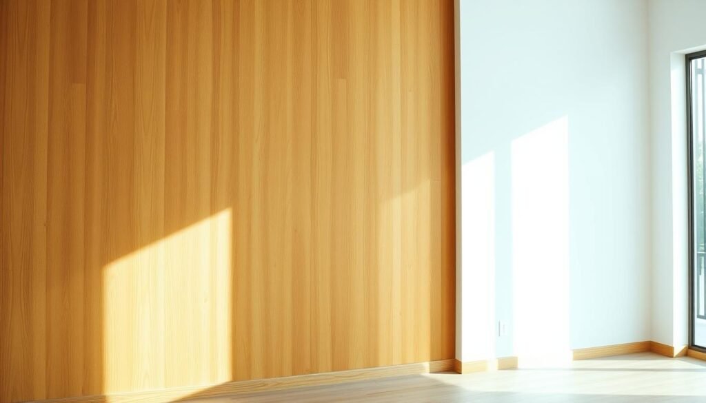 A warm, natural wood-toned accent wall, illuminated by soft, directional lighting that casts gentle shadows, creating a cozy and inviting atmosphere. The wood grain patterns are distinctly visible, adding depth and texture to the scene. The wall is situated in a minimalist, sun-drenched interior, with clean lines and a neutral color palette that allows the natural wood tones to take center stage. The overall composition is balanced and visually striking, highlighting the beauty and versatility of incorporating wood accents into a modern, minimalist space.