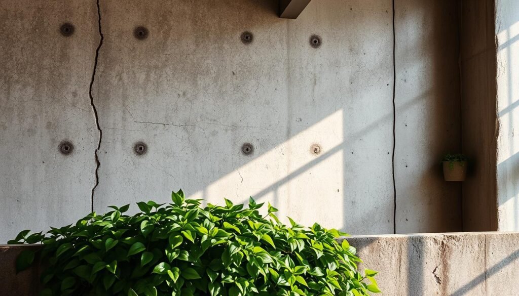 A weathered concrete wall, its surface textured with cracks and imperfections, stands as the striking backdrop. In the foreground, a lush green plant cascades over the edge, its soft, organic foliage providing a captivating contrast to the rugged industrial setting. Warm, directional lighting from the side casts dramatic shadows, accentuating the depth and dimensionality of the scene. The overall atmosphere evokes a sense of urban sophistication and raw, unrefined beauty, perfectly encapsulating the idea of "Emphasizing Textural Contrast" within an industrial-inspired living room.