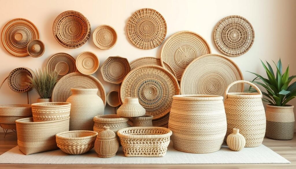 A well-curated collection of handcrafted boho-style baskets in an artfully arranged still-life scene. In the foreground, a mix of woven wall baskets, small tabletop baskets, and larger floor baskets made from natural materials like rattan, jute, and seagrass. The middle ground showcases a variety of shapes, textures, and tones, creating visual harmony. The background is softly blurred, allowing the baskets to take center stage. Warm, diffused lighting gently illuminates the scene, highlighting the organic, earthy aesthetic. The overall mood is one of casual sophistication and DIY charm, perfectly encapsulating the "Boho Storage: Chic & Functional Baskets" theme.