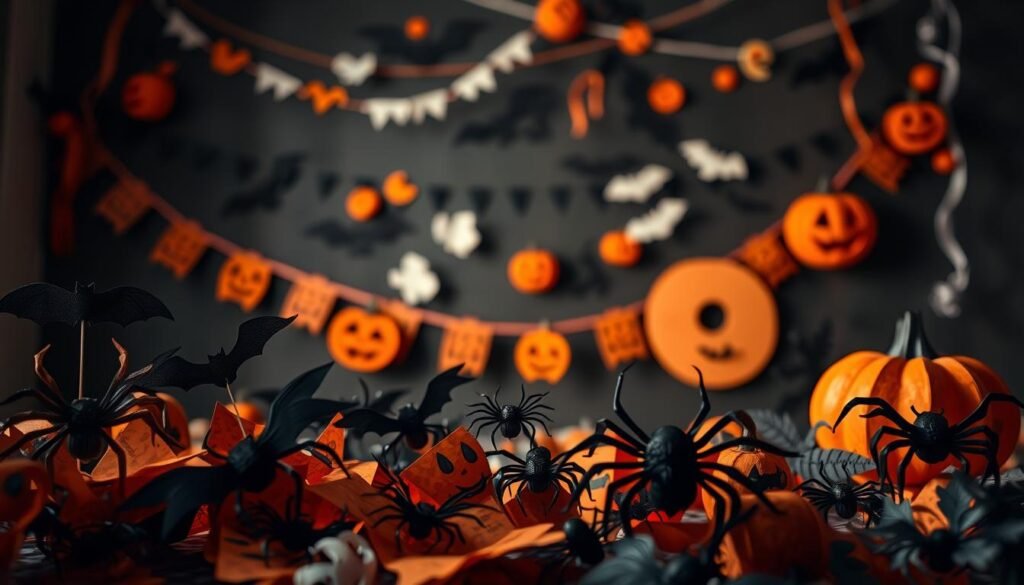 A well-lit, artfully composed scene of a DIY Halloween paper craft display. In the foreground, an assortment of intricate paper bats, spiders, and jack-o'-lanterns in vibrant oranges, blacks, and whites, their delicate textures and shadows captured in fine detail. In the middle ground, a collection of paper garlands, streamers, and dimensional cut-outs adorning a dark, moody backdrop, casting dramatic shadows. The background features a subtly textured wall or surface, creating a sense of depth and atmosphere. Lighting is soft and diffused, highlighting the craft elements and casting a warm, inviting glow. The overall mood is one of creativity, whimsy, and the spirit of DIY Halloween celebrations.
