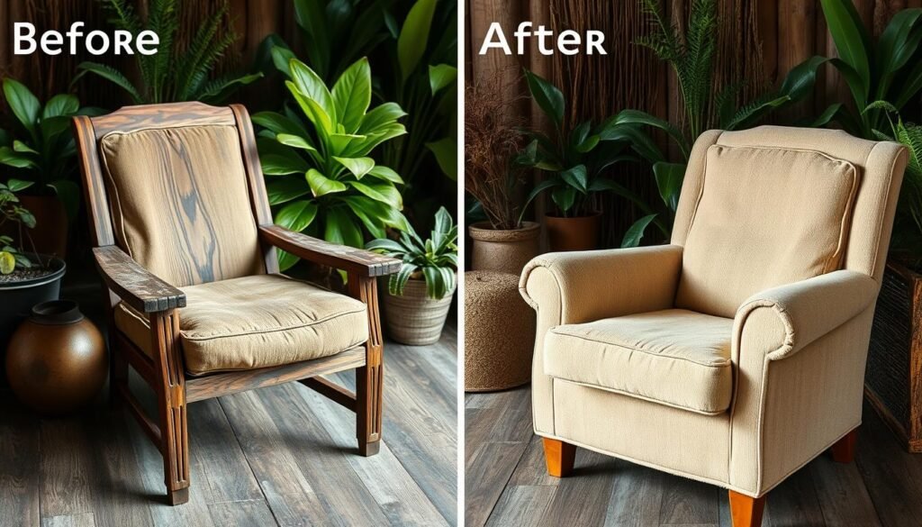 A well-lit before and after scene showcasing the dramatic transformation of an old, worn-out wooden armchair. In the first frame, the chair appears weathered and neglected, its surfaces scuffed and its fabric tattered. The second frame reveals the chair fully restored, its wood meticulously sanded and refinished to a warm, glossy sheen. The worn fabric has been replaced with a plush, inviting upholstery in a soft, earthy tone. Vibrant plants and natural textures in the background create a serene, rustic atmosphere, highlighting the furniture's renewed vitality and the owner's sustainable upcycling efforts.