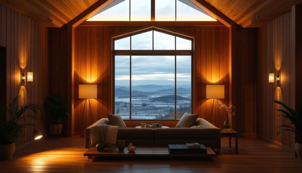 A well-lit, cozy interior featuring natural wood accents and soft, warm lighting. In the foreground, a wooden table or shelf displays a selection of carefully curated decor pieces, their textures and tones highlighted by gentle spotlights. In the middle ground, a large, floor-to-ceiling window frames a serene outdoor landscape, allowing natural light to filter in and create a harmonious balance. The background is dominated by rich, wooden paneling or beams, their subtle grains and knots accentuated by strategically placed sconces or pendant lights, casting a welcoming, golden glow throughout the space. The overall atmosphere is one of understated elegance, where the beauty of natural materials is amplified by thoughtful lighting choices.