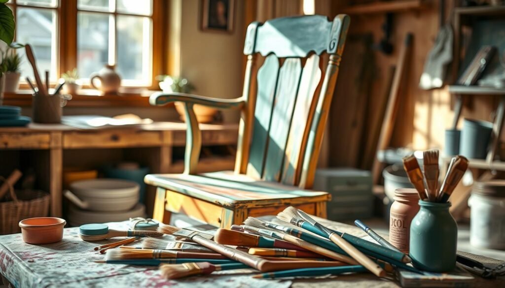 A well-lit, high-resolution photograph of a vintage wooden chair being artfully upcycled through the application of colorful chalk paint. The chair is positioned in a warm, cozy interior setting, perhaps a home studio or workshop, with natural light streaming in from a nearby window. The brushwork is visible, showcasing the textural qualities of the chalk paint as it is meticulously applied to the chair's surface. In the foreground, an array of chalk paint colors, brushes, and other upcycling tools are neatly arranged, hinting at the creative process. The overall scene exudes a sense of craftsmanship, sustainability, and the rewarding experience of transforming an ordinary piece of furniture into a unique, personalized work of art.