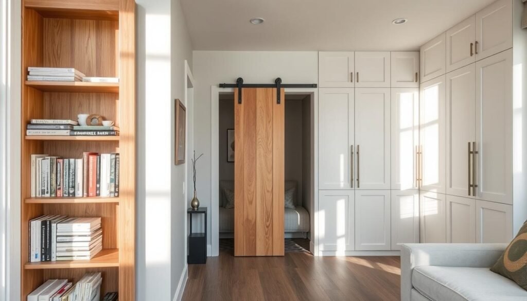 A well-lit, minimalist interior with a focus on creative door storage solutions. In the foreground, a wooden door has been repurposed as a bookshelf, its shelves neatly organized with books and decorative items. In the middle ground, a sliding barn door partially obscures a cozy nook, hinting at hidden storage or display space. The background features a wall of floor-to-ceiling cabinets with integrated door handles, maximizing vertical storage in a compact area. Soft, natural lighting from large windows creates a warm, inviting atmosphere, emphasizing the practical yet stylish aesthetic. Captured with a wide-angle lens to showcase the clever use of doors for storage in this small, modern living space.