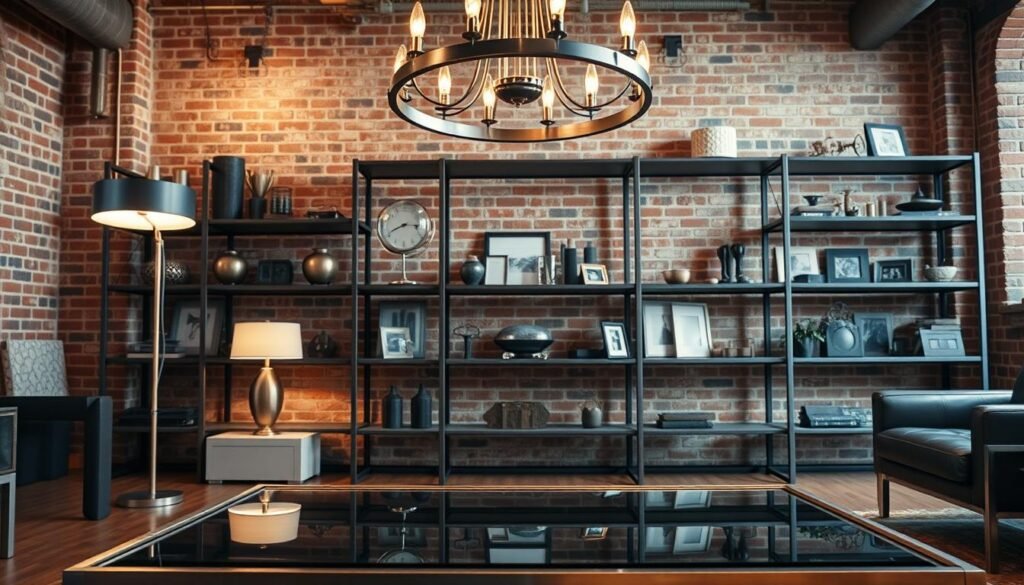 A well-lit, modern industrial living room with a focus on metal elements. In the foreground, a sleek metal coffee table with a glass top reflects the warm glow of a floor lamp. Hanging above, a large metal and glass chandelier casts a soft, ambient light. In the middle ground, metal shelves display various decorative items, including metal vases, sculptures, and picture frames. The background features exposed brick walls, adding to the industrial aesthetic. The overall composition conveys a sense of sophistication and urban elegance.