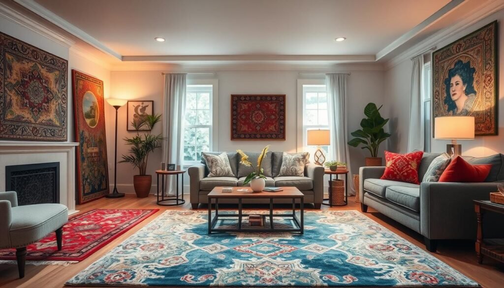 A well-lit, spacious living room with a vibrant array of economical yet stylish area rugs. The rugs feature a variety of textures, patterns, and colors, seamlessly blending together to create a visually captivating and cohesive design. Soft, diffused lighting casts a warm, inviting glow, highlighting the intricate details and high-quality craftsmanship of the rugs. The room's neutral palette allows the rugs to take center stage, showcasing their ability to elevate the space without breaking the bank. The scene conveys a sense of comfortable elegance, demonstrating that budget-friendly home decor can still be visually striking and on-trend.