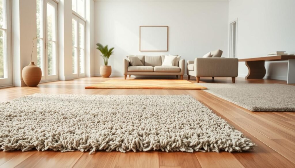 A well-lit, spacious room with a variety of affordable area rugs prominently displayed. In the foreground, a plush, textured shag rug in a muted earthy tone covers the hardwood floor. In the middle ground, a vibrant patterned rug in warm hues anchors the seating area. Towards the back, a sleek low-pile rug in a neutral color adds depth and dimension. Soft, natural lighting filters in through large windows, creating a cozy, inviting atmosphere. The rugs are showcased in a clean, minimalist setting, allowing their visual appeal and tactile qualities to shine. A visually striking, high-quality image that captures the essence of affordable, yet stylish area rugs for a cozy home decor.