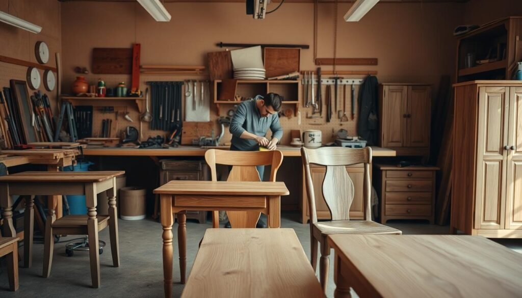A well-lit workshop with various wood furniture pieces in the foreground, including a table, chair, and cabinet. In the middle ground, a woodworker is carefully sanding and preparing the surfaces, creating a sense of focus and attention to detail. The background features organized tools, clamps, and a workbench, conveying a sense of a professional, well-equipped workspace. The lighting is warm and natural, casting soft shadows and highlighting the grain of the wood. The overall atmosphere is one of a skilled, methodical process of preparing furniture for the upcycling journey.