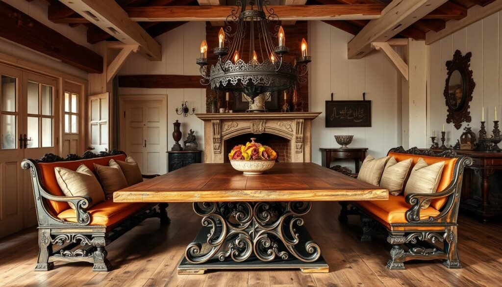 An antique-inspired farmhouse dining room set in a warm, rustic interior. In the foreground, a large wooden table with distressed, weathered planks and an intricate metal base. Surrounding it, matching bench seating and chairs with intricate carved detailing and plush upholstery in earthy tones. In the middle ground, a large wrought-iron chandelier casts a soft, ambient glow over the scene. The background features whitewashed wooden walls, exposed beams, and an ornate fireplace mantel adorned with antique-style accessories. The overall atmosphere is cozy, inviting, and reminiscent of a bygone era.