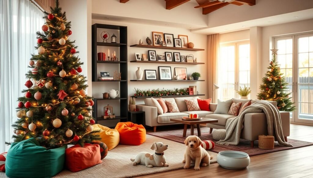 An elegant and child-safe living room decorated for the holidays. In the foreground, a large Christmas tree adorned with soft plush ornaments and LED lights, surrounded by colorful beanbag chairs and a playful rug. In the middle ground, floating shelves display holiday trinkets and framed family photos, while a cozy sofa invites relaxation. The background features large windows letting in warm natural light, casting a festive glow on the space. Thoughtful details like plush throw pillows, a pet-friendly water bowl, and a soft blanket create a welcoming, family-friendly atmosphere. An elegant and child-safe living room decorated for the holidays. In the foreground, a large Christmas tree adorned with soft plush ornaments and LED lights, surrounded by colorful beanbag chairs and a playful rug. In the middle ground, floating shelves display holiday trinkets and framed family photos, while a cozy sofa invites relaxation. The background features large windows letting in warm natural light, casting a festive glow on the space. Thoughtful details like plush throw pillows, a pet-friendly water bowl, and a soft blanket create a welcoming, family-friendly atmosphere.