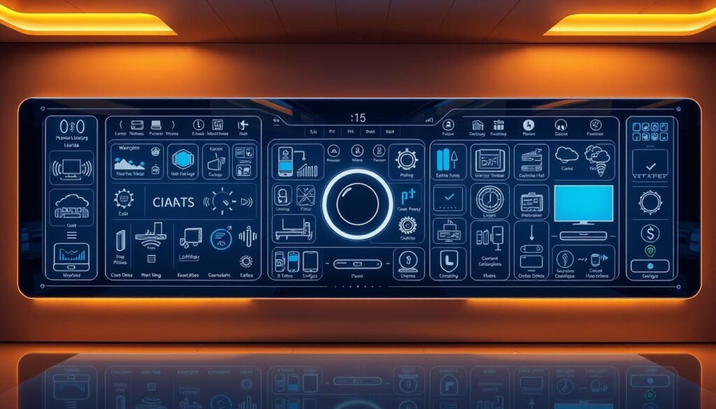 An expansive, sleek smart home control panel, displaying a seamless integration of various connected devices - lighting, security, climate, entertainment, and more. Crisp, minimalist design with a glossy, reflective surface that radiates a sense of technological sophistication. Warm, ambient lighting casts a gentle glow, creating a tranquil, futuristic atmosphere. High-resolution, photorealistic rendering with precise attention to detail, showcasing the cutting-edge capabilities of modern smart home systems.