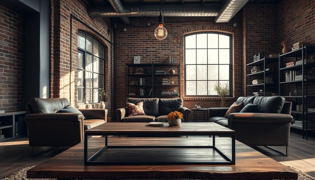 An industrial-chic living room, filled with raw materials and textures. In the foreground, a sturdy wooden coffee table, its weathered surface contrasting with a sleek metal frame. Surrounding it, plush leather armchairs and a deep-hued velvet sofa, creating a cozy seating area. In the middle ground, a large window floods the space with natural light, casting shadows that play across the exposed brick walls. Hanging from the ceiling, a statement light fixture with an Edison-style bulb, its industrial design complementing the room's aesthetic. In the background, a metal bookshelf, its shelves displaying a mix of vintage books and decorative accents, further enhancing the overall industrial-chic ambiance. Crisp, high-resolution, photorealistic rendering, with a warm, moody atmosphere.