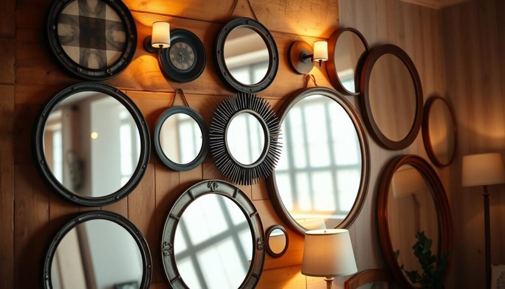 Cozy and inviting mirrors for home decor: a curated collection of round, oval, and rectangular mirrors with rustic, antique, or minimalist frames, thoughtfully arranged on a wooden wall or leaned against a neutral-toned accent wall. Warm, indirect lighting from sconces or lamps casts a soft, ambient glow, creating a serene and relaxing atmosphere. The mirrors reflect the natural light, adding depth and warmth to the space. The overall scene exudes a sense of comfort, coziness, and elevated style, perfect for a cozy and inviting living room or bedroom.