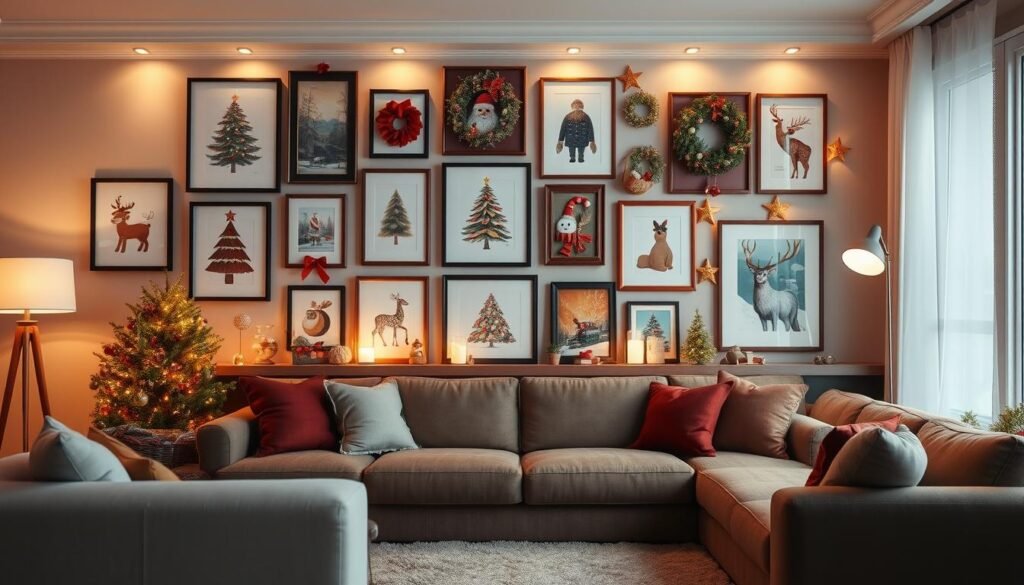 Cozy living room with an eye-catching gallery wall showcasing an assortment of festive holiday artwork. The wall features a variety of framed prints, paintings, and seasonal decorations arranged in an aesthetically pleasing composition. Warm, soft lighting from a nearby floor lamp casts a gentle glow, creating a welcoming and inviting atmosphere. The overall scene exudes a sense of holiday cheer and festive ambiance, perfectly complementing the room's decor. High-quality, photorealistic rendering with meticulous attention to detail. Cozy living room with an eye-catching gallery wall showcasing an assortment of festive holiday artwork. The wall features a variety of framed prints, paintings, and seasonal decorations arranged in an aesthetically pleasing composition. Warm, soft lighting from a nearby floor lamp casts a gentle glow, creating a welcoming and inviting atmosphere. The overall scene exudes a sense of holiday cheer and festive ambiance, perfectly complementing the room's decor. High-quality, photorealistic rendering with meticulous attention to detail.