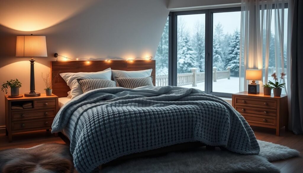 Cozy winter bedroom with a plush king-size bed draped in warm, chunky knit blankets and plush pillows. Soft, ambient lighting from a floor lamp with a linen shade and a string of twinkling fairy lights along the headboard. Wooden nightstands with vintage-inspired table lamps and small potted plants. Large, frosty window overlooking a snowy landscape, with wispy white curtains gently billowing. Fur rug and sheepskin accents on the floor, adding to the cozy, hygge atmosphere. High-resolution, photorealistic, cinematic lighting and composition.
