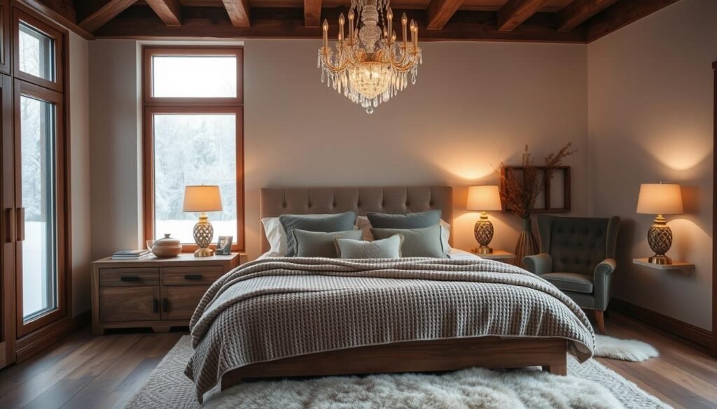 Cozy winter bedroom with a plush king-size bed, flanked by rustic oak nightstands adorned with warm table lamps. Soft, knitted blankets and pillows in muted earth tones create an inviting, textured look. A large, frosted window frames a snowy landscape outside, casting a gentle, natural light throughout the space. Overhead, a stunning crystal chandelier illuminates the room, casting a subtle glow. In the corner, a cozy reading nook with a tufted velvet armchair and a fluffy sheepskin rug. Wooden beams and neutral walls provide a calming, Nordic-inspired aesthetic, conveying a sense of serene, hygge-inspired comfort.