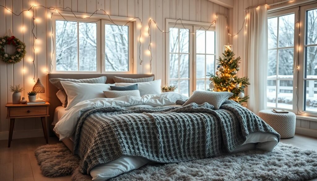Cozy winter bedroom with a warm and inviting atmosphere. A plush bed with soft, fluffy white bedding and a gray, chunky knit blanket. The room is softly lit by a canopy of delicate string lights, casting a gentle, twinkling glow across the scene. The lights are draped gracefully over the headboard and along the walls, creating a magical, festive ambiance. Textured pillows and a lush, neutral-toned area rug add depth and coziness to the space. Large windows allow natural light to filter in, casting a soft, diffused illumination throughout the room.