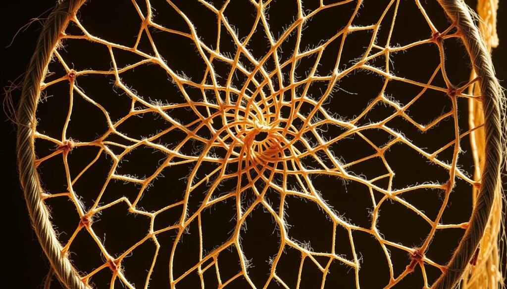 Dreamcatcher web pattern: a delicate, intricate latticework of organic strands, woven with intricate symmetry and mystic beauty. Graceful arabesques of twine form a shimmering tapestry, illuminated by soft, ambient lighting that casts gentle shadows, creating depth and dimensionality. The web's delicate structure is highlighted by a neutral, earthy color palette, emphasizing the natural materials and handcrafted quality. This detailed, photorealistic image captures the essence of the boho-inspired dreamcatcher, ready to be featured in the "Step 3: Crafting the Web" section of the DIY guide.