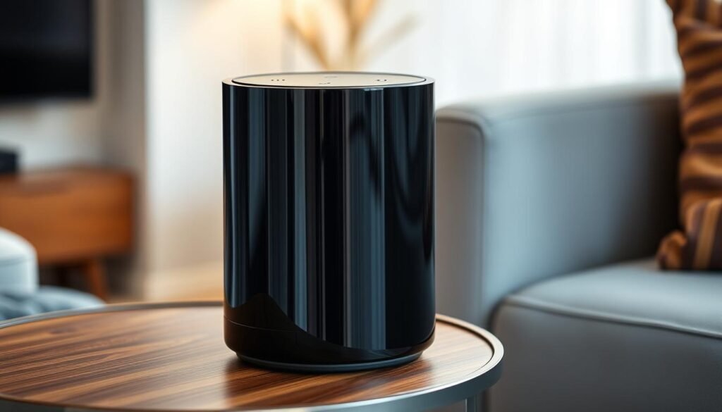 Elegant and minimalist smart speaker system, featuring a sleek cylindrical design with a glossy black finish. The device has a rounded top panel with integrated touch controls and a small LED indicator light. Placed on a modern wood veneer or metal side table, it blends seamlessly into a contemporary living room setting. The lighting is soft and diffused, creating a warm, inviting atmosphere. The scene is captured from a slightly elevated angle, highlighting the clean lines and premium aesthetic of the smart speaker. The background is softly blurred, drawing the viewer's attention to the central device and creating a sense of focus and clarity.