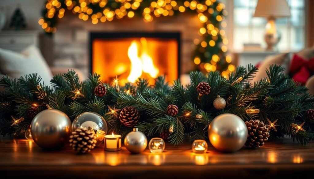 Elegant holiday coffee table vignette with plush green garland, warm glow of twinkling lights, and an assortment of festive accents. Artfully arranged with vintage glass ornaments, gilded pinecones, and a crackling fireplace in the background, bathed in a soft, cozy light. Shallow depth of field creates a dreamy, intimate atmosphere. Photographed with a high-end DSLR, using a 50mm f/1.8 lens and natural lighting. The scene exudes a sense of holiday warmth and comfort, inviting the viewer to linger and savor the Christmas ambiance. Elegant holiday coffee table vignette with plush green garland, warm glow of twinkling lights, and an assortment of festive accents. Artfully arranged with vintage glass ornaments, gilded pinecones, and a crackling fireplace in the background, bathed in a soft, cozy light. Shallow depth of field creates a dreamy, intimate atmosphere. Photographed with a high-end DSLR, using a 50mm f/1.8 lens and natural lighting. The scene exudes a sense of holiday warmth and comfort, inviting the viewer to linger and savor the Christmas ambiance.