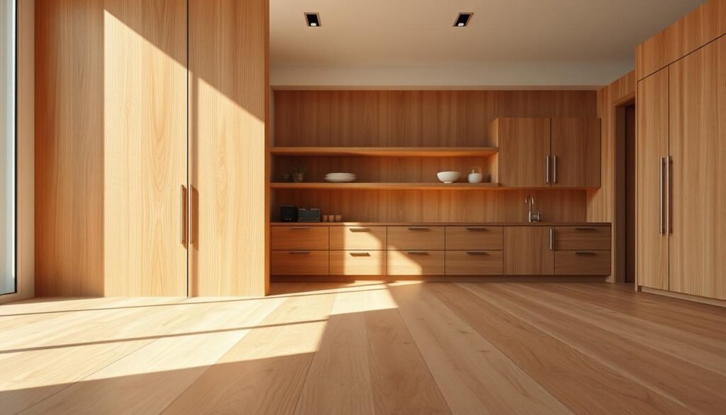 Elegant natural wood tones, showcasing the raw beauty of the grain and texture. A sunlit scene with soft, directional lighting accentuating the warm hues and smooth surfaces. Polished wood panels in the foreground, complemented by a backdrop of wooden shelves, cabinets, and flooring. The composition emphasizes the clean, minimalist aesthetic, drawing the viewer's eye to the inherent charm of the natural material. Crisp, high-resolution details that capture the depth and character of the wood, evoking a sense of warmth and tranquility. An image that embodies the allure of natural wood tones in a modern, minimalist space.