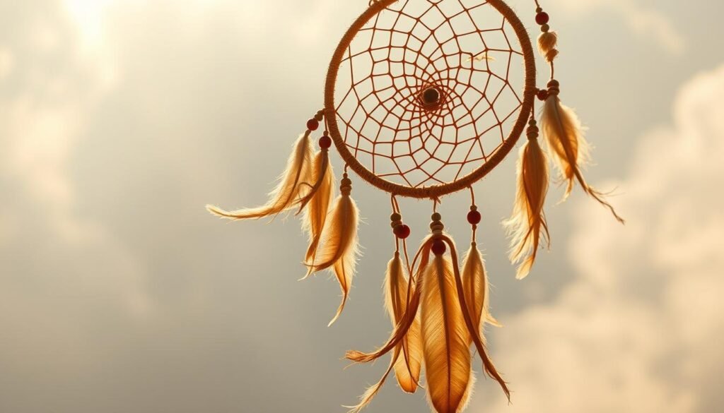 Floating in a dreamlike haze, a bohemian-inspired dreamcatcher hangs delicately, its intricate web of natural fibers and beads casting a mesmerizing spell. Shafts of warm, golden light pierce through the wispy feathers, illuminating the dreamcatcher's organic textures and earthy palette. The dreamcatcher is suspended in a serene, cloud-like environment, evoking a sense of tranquility and spiritual connection. Carefully crafted with an artisanal touch, this dreamcatcher embodies the essence of boho-chic style, a captivating blend of rustic charm and mystical allure.