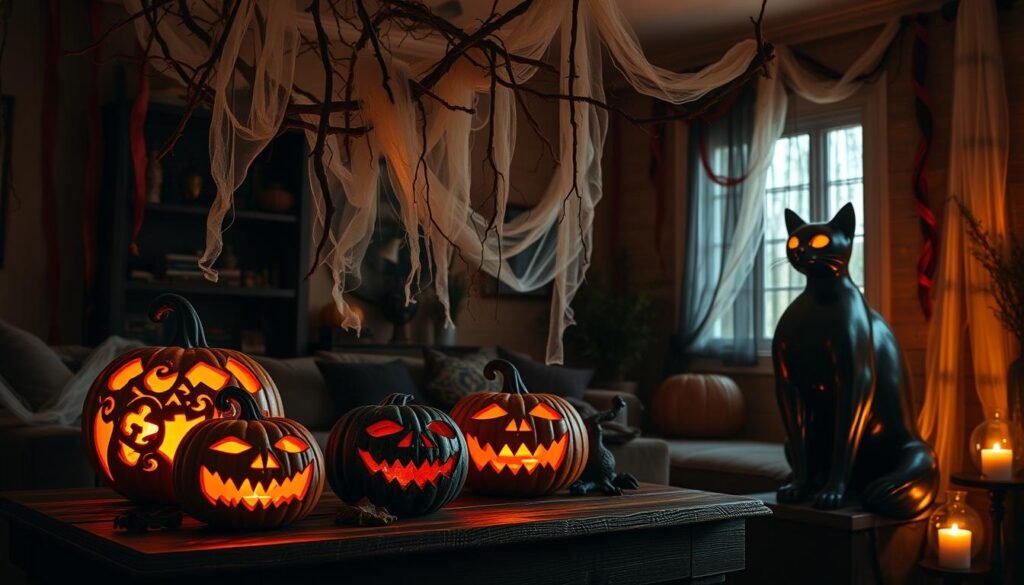 Haunting Halloween decorations cast an eerie glow in a cozy living room. Ornate jack-o'-lanterns, carved with intricate designs, sit atop a rustic wooden table, their flickering candles casting dancing shadows on the walls. Crimson and black streamers cascade from the ceiling, intertwined with ghostly white gauze and gnarled branches. Cobwebs cling to the corners, while a large, black cat statue guards the scene, its glowing eyes watching over the macabre display. The room is bathed in a warm, amber light, creating a spooky and inviting atmosphere perfect for an unforgettable Halloween party.