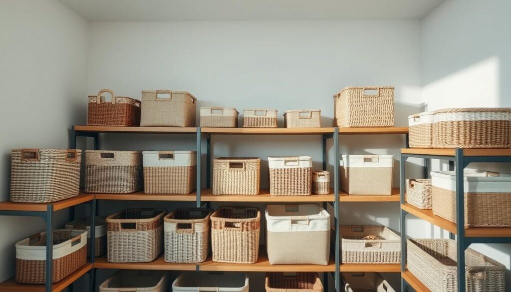 Neatly organized storage bins and baskets in a minimalist, well-lit room. A variety of woven and plastic containers in neutral tones are arranged on wooden shelves, creating a harmonious, uncluttered display. Soft, even lighting from above casts gentle shadows, highlighting the textures and shapes of the storage solutions. The scene conveys a sense of calm and effortless organization, perfectly suited for a small space. Photographed at a medium distance with a sharp, wide-angle lens to capture the full arrangement.