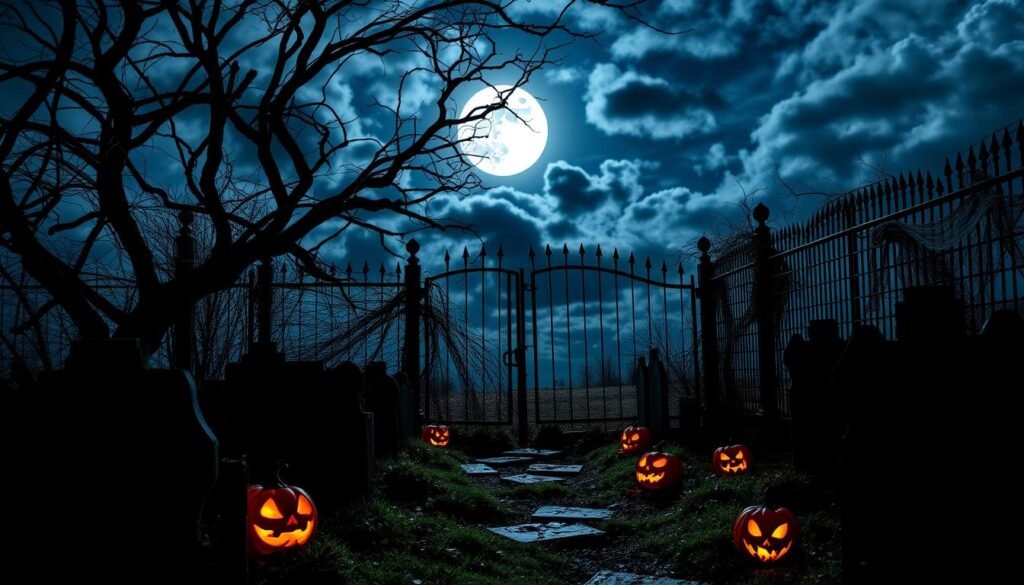 Outdoor Halloween party decor featuring an eerie graveyard scene under a full moon. In the foreground, crooked tombstones and gnarled tree branches casting haunting shadows. Flickering jack-o'-lanterns line the path, their sinister faces aglow. In the middle ground, a dilapidated wrought-iron fence surrounds the graveyard, with dead vines and cobwebs adorning the posts. The background is a dark, cloudy night sky, with the full moon casting an ethereal glow over the entire scene. The lighting is dramatic, with deep shadows and highlights accentuating the spooky atmosphere. The overall mood is one of mystery, foreboding, and the supernatural.