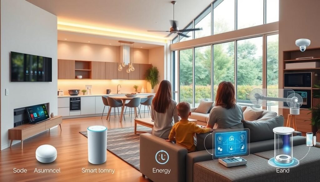 Photorealistic high-quality image of a modern smart home interior, showcasing the benefits of advanced home automation technology. The scene depicts a spacious living room with sleek, minimalist furnishings and large windows that let in an abundance of natural light. In the foreground, a family interacts with various smart home devices, such as a voice-controlled virtual assistant, a touchscreen control panel, and automated lighting and climate systems. The middle ground features additional smart home elements, including a security camera, a smart appliance, and a holographic display. The background offers a view of a lush, green outdoor landscape, reflecting the energy-efficient and environmentally-friendly aspects of the smart home technology. The overall atmosphere is one of comfort, convenience, and technological sophistication.