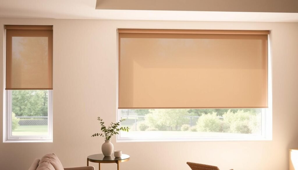 Photorealistic image of Lutron Serena smart window shades installed in a modern living room. The shades are sleek and streamlined, integrated seamlessly into the room's minimalist decor. Soft, natural light filters through the sheer fabric, creating a warm and cozy ambiance. The shades are positioned at various heights, adding visual interest and depth. A side table with a plant and a decorative vase sits in the foreground, while a large window overlooking a lush outdoor scene forms the background. The scene is illuminated by a combination of natural and soft artificial lighting, highlighting the texture and materiality of the shades and furnishings. The overall mood is one of contemporary comfort and effortless control over the home environment.