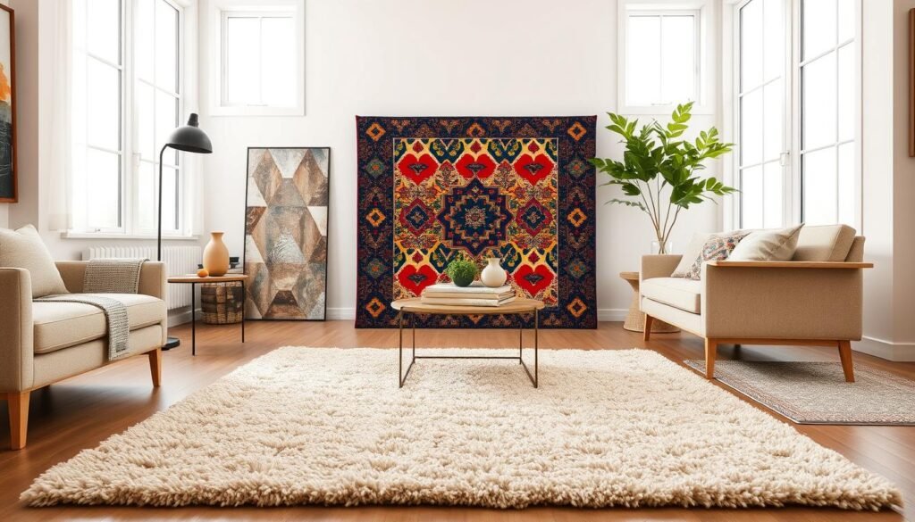 Photorealistic image of a living room featuring a variety of affordable yet stylish rugs for home decor. In the foreground, a plush shag rug in a neutral tone complements the warm wood tones of the coffee table and side tables. The middle ground showcases a bold patterned rug in vibrant colors, creating a visually striking focal point. In the background, a low-pile geometric rug adds texture and visual interest to the space. Soft, natural lighting filters in through large windows, illuminating the carefully curated ensemble of rugs that balance aesthetics and affordability. The overall atmosphere is cozy, inviting, and showcases how budget-friendly rugs can elevate a home's decor.