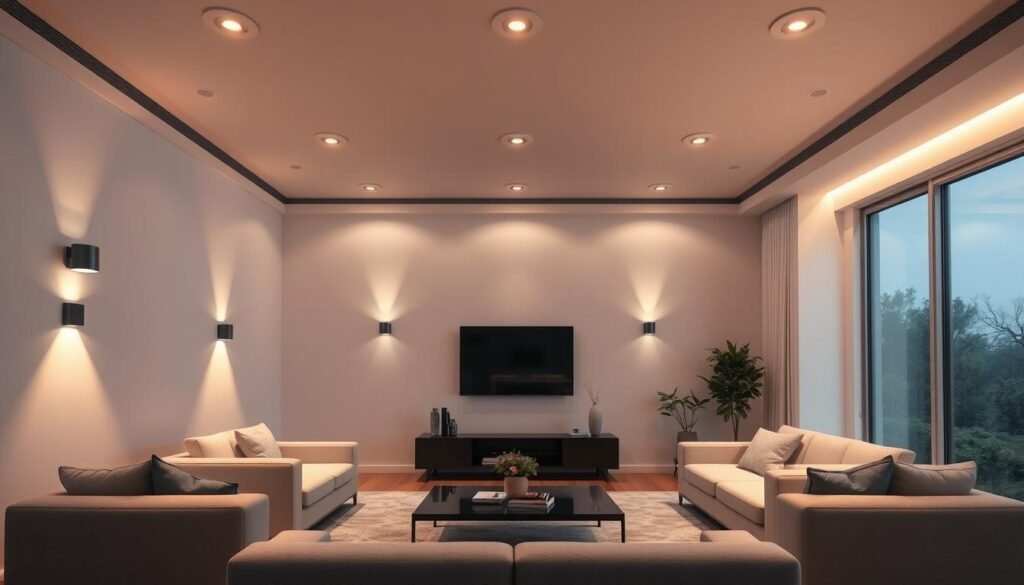 Photorealistic image of a modern, minimalist living room with a sleek, high-tech smart lighting system. The room is bathed in a warm, inviting glow from a series of recessed ceiling lights and wall sconces, casting a soft, ambient light across the clean, geometric furniture and decor. The lighting is automated, responding to motion and voice commands, and can be adjusted to different colors and intensities to suit the mood. The large windows provide natural light, blending seamlessly with the artificial illumination. The overall atmosphere is one of sophistication, comfort, and technological integration, showcasing the seamless integration of smart home technology into a stylish, contemporary space.