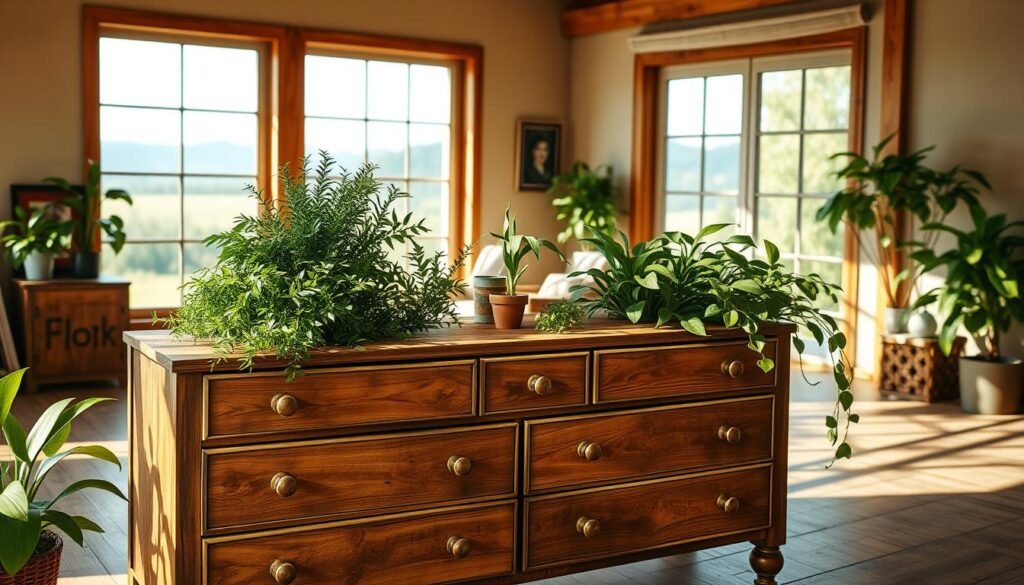 Photorealistic image of a well-lit living room interior, with a vintage wooden dresser in the foreground. The dresser has been skillfully repurposed, its drawers transformed into planters overflowing with lush, thriving plants. The room's warm, earthy color palette and natural lighting convey a sense of tranquility and environmental harmony. In the middle ground, a cozy armchair and side table, also upcycled from salvaged materials, create an inviting seating area. The background features large windows overlooking a serene outdoor landscape, emphasizing the connection between the refurbished furniture and the natural world. The overall scene showcases the beauty, sustainability, and economic benefits of furniture upcycling.
