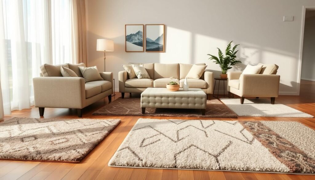 Photorealistic image of economical yet stylish rugs arranged in a well-lit living room setting. Plush, high-quality rugs in muted earth tones and geometric patterns cover the hardwood floor, complementing the neutral furniture and decor. Soft, diffused lighting from floor lamps and natural sunlight filters through sheer curtains, creating a warm, inviting atmosphere. The rugs appear durable and easy to maintain, with a slight sheen suggesting high-traffic resilience. The composition showcases the rugs' visual appeal and practical long-lasting qualities.