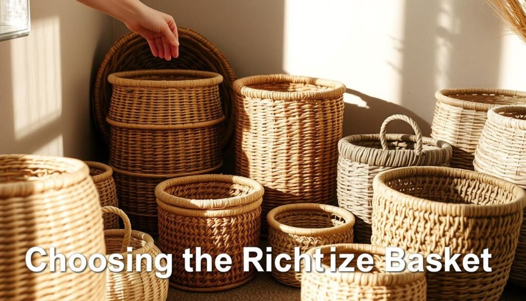 Photorealistic scene showcasing an arrangement of woven baskets of various sizes, textures, and shapes. A woman's hand carefully examines the basket options, evaluating the capacity and dimensions to find the perfect fit. Soft natural lighting filters through the scene, casting warm shadows and highlighting the intricate basket weave patterns. The background features a minimalist, earthy-toned setting, allowing the baskets to take center stage. Captured from a slightly elevated angle, the overall composition emphasizes the thoughtful process of "Choosing the Right Size Basket" for the intended boho storage application.