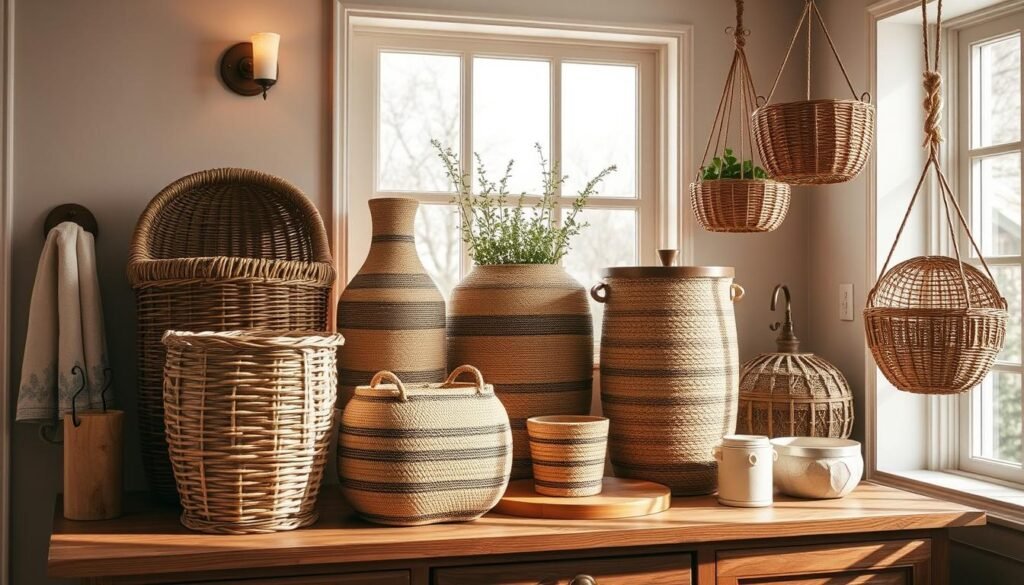 Rustic and farmhouse-inspired baskets and containers artfully arranged in a well-lit bathroom setting. A variety of natural woven textures, shapes, and sizes, including oversized wicker hampers, jute-wrapped vases, and hanging rattan planters. Warm lighting from sconces and a large window casts gentle shadows, creating a cozy, inviting atmosphere. The containers are positioned atop a wooden vanity or shelves, complementing the earthy, vintage-inspired decor. The scene conveys a sense of refined, yet casual elegance, perfect for showcasing stylish storage solutions in a rustic bathroom.