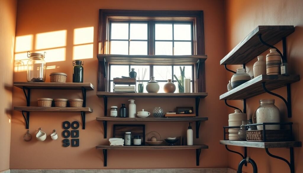 Rustic and weathered wooden shelving units with wrought iron brackets, arranged in a harmonious asymmetrical pattern against a backdrop of warm, earthy-toned walls. Subtle sunlight filters through large windows, casting a soft, natural glow and creating gentle shadows that accentuate the textural details of the wood and metal. The shelves display a curated collection of vintage jars, ceramic vases, and other farmhouse-inspired decor, creating a sense of lived-in charm and character. The overall composition conveys a cozy, inviting atmosphere, perfectly suited for a rustic bathroom setting.