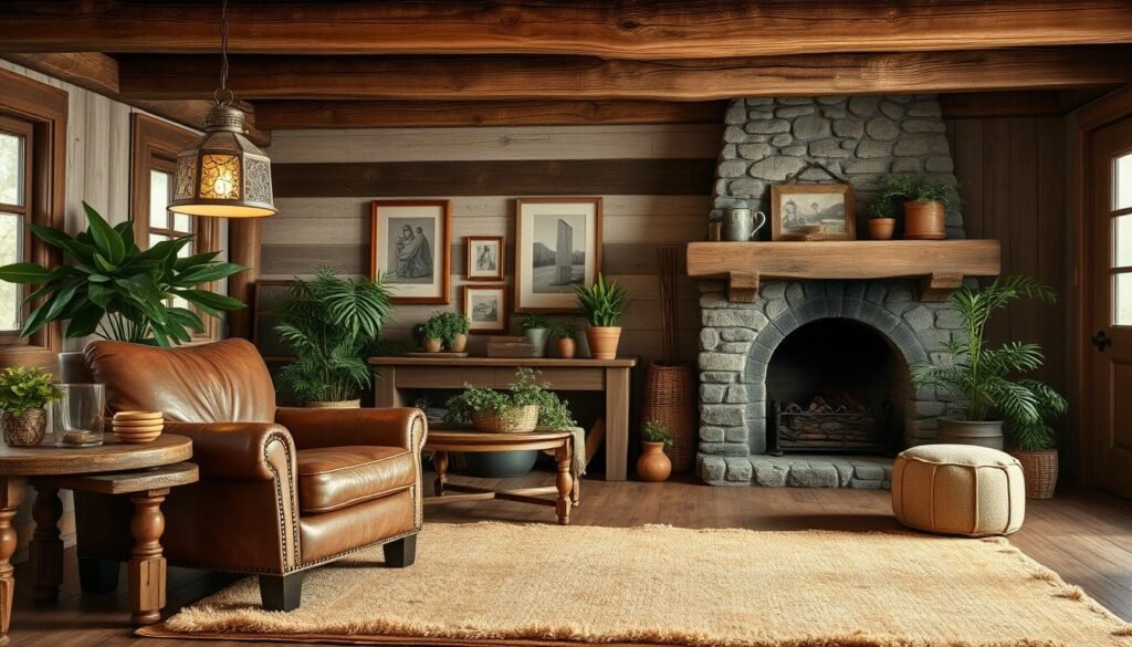 Rustic chic home decor in a cozy farmhouse setting. A warm, inviting living room with exposed wood beams, natural textures, and antique-inspired furnishings. Worn leather armchair, distressed wood side table, and a large, plush area rug in earthy tones. Soft lighting from a vintage pendant lamp casts a gentle glow, illuminating a collection of potted plants and framed artwork on the walls. In the background, a stone fireplace with a weathered mantle anchors the space, evoking a sense of timeless charm. Crisp, photorealistic rendering with excellent detail and depth of field.