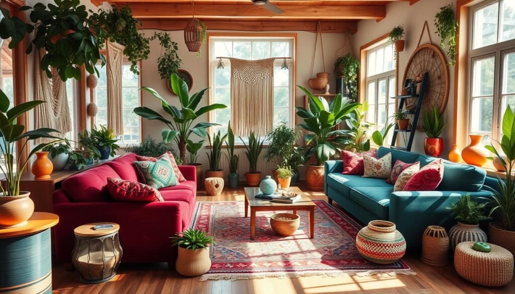 Vibrant bohemian living room, filled with lush greenery, colorful textiles, and layered patterns. Sunlight streams through large windows, casting a warm glow on the eclectic mix of furniture and decor. Plush, jewel-toned velvet sofas anchor the space, accented by handwoven rugs and macrame wall hangings. Potted plants and colorful ceramic vases add pops of vivid hues, while natural wood and rattan elements provide balance. The overall atmosphere is cozy, inviting, and radiates a sense of carefree, artistic flair.