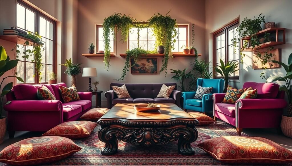 Vibrant boho-inspired furniture in a sun-drenched living room. A plush, jewel-toned velvet sofa in deep magenta commands the foreground, flanked by a pair of azure blue armchairs. Intricately patterned floor cushions in ochre and terracotta tones add depth and texture. Trailing vines of lush greenery cascade from floating shelves, creating a lush, organic ambiance. The middle ground features a sturdy, carved wood coffee table in a rich, burnished finish. Shafts of warm, golden light pour in through large windows, casting a radiant glow over the vibrant scene. Soft, diffused shadows add depth and dimension. Captured with a wide-angle lens to showcase the full, immersive setting.