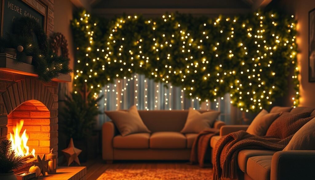 Warm, intimate living room bathed in a soft, layered glow. In the foreground, a cozy fireplace with a flickering flame casts a golden radiance across the scene. Mid-ground features plush, inviting furniture and textiles in muted holiday hues. The background is filled with twinkling string lights adorning a lush, verdant garland, creating a magical, enveloping ambiance. Subtle highlights dance across surfaces, conveying a sense of tranquil, holiday cheer. Capture this inviting atmosphere with a high-resolution, photorealistic render using a wide-angle lens to showcase the full, harmonious composition. Warm, intimate living room bathed in a soft, layered glow. In the foreground, a cozy fireplace with a flickering flame casts a golden radiance across the scene. Mid-ground features plush, inviting furniture and textiles in muted holiday hues. The background is filled with twinkling string lights adorning a lush, verdant garland, creating a magical, enveloping ambiance. Subtle highlights dance across surfaces, conveying a sense of tranquil, holiday cheer. Capture this inviting atmosphere with a high-resolution, photorealistic render using a wide-angle lens to showcase the full, harmonious composition.