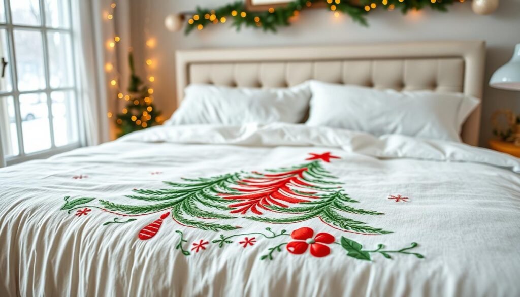 A beautifully crafted Christmas tree embroidered bedspread displayed prominently on a queen-sized bed. The bed is set in a cozy, softly lit room adorned with festive decorations like twinkling fairy lights and a small pine garland. The embroidered design on the bedspread showcases vibrant green and red Christmas trees with delicate details, surrounded by sparkling snowflakes, exuding a warm holiday spirit. The foreground features fluffy white pillows arranged artfully, while the middle frame captures the comfortable bed with the embroidered bedspread neatly draped. In the background, a softly glowing window reveals a gentle snowfall outside, enhancing the festive and cozy atmosphere. Use natural lighting to create a serene and inviting mood, with a slight depth of field to draw focus on the intricate embroidery.