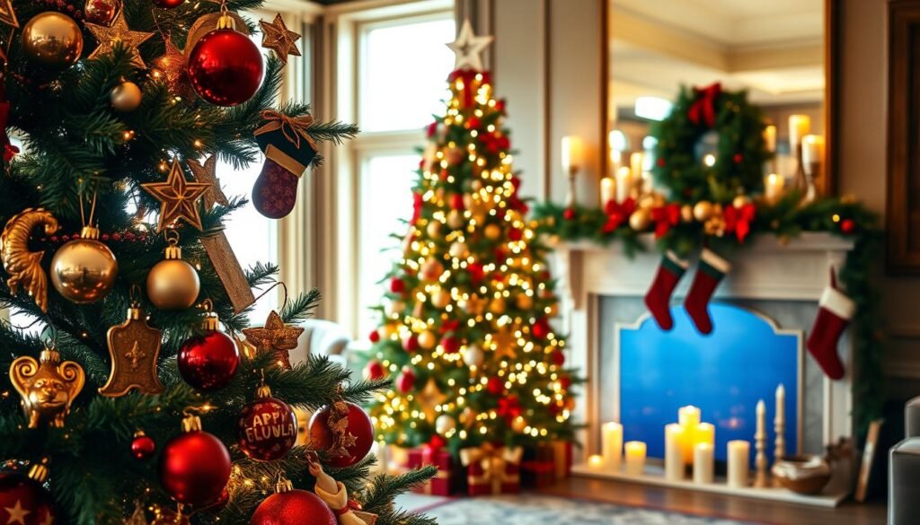 A beautifully curated Ralph Lauren holiday collection, captured in a warm, inviting setting. In the foreground, a lavish display of ornaments, garlands, and stockings in the signature Ralph Lauren color palette of deep reds, rich greens, and gleaming golds. The middle ground features a tastefully decorated Christmas tree, its branches laden with twinkling lights and carefully placed accents. In the background, a cozy fireplace mantel adorned with festive wreaths and candles casts a soft, ambient glow. The scene is illuminated by natural light streaming through large windows, creating a sense of balance and harmony. The overall mood is one of refined elegance and seasonal charm, capturing the essence of the iconic Ralph Lauren holiday aesthetic. A beautifully curated Ralph Lauren holiday collection, captured in a warm, inviting setting. In the foreground, a lavish display of ornaments, garlands, and stockings in the signature Ralph Lauren color palette of deep reds, rich greens, and gleaming golds. The middle ground features a tastefully decorated Christmas tree, its branches laden with twinkling lights and carefully placed accents. In the background, a cozy fireplace mantel adorned with festive wreaths and candles casts a soft, ambient glow. The scene is illuminated by natural light streaming through large windows, creating a sense of balance and harmony. The overall mood is one of refined elegance and seasonal charm, capturing the essence of the iconic Ralph Lauren holiday aesthetic.