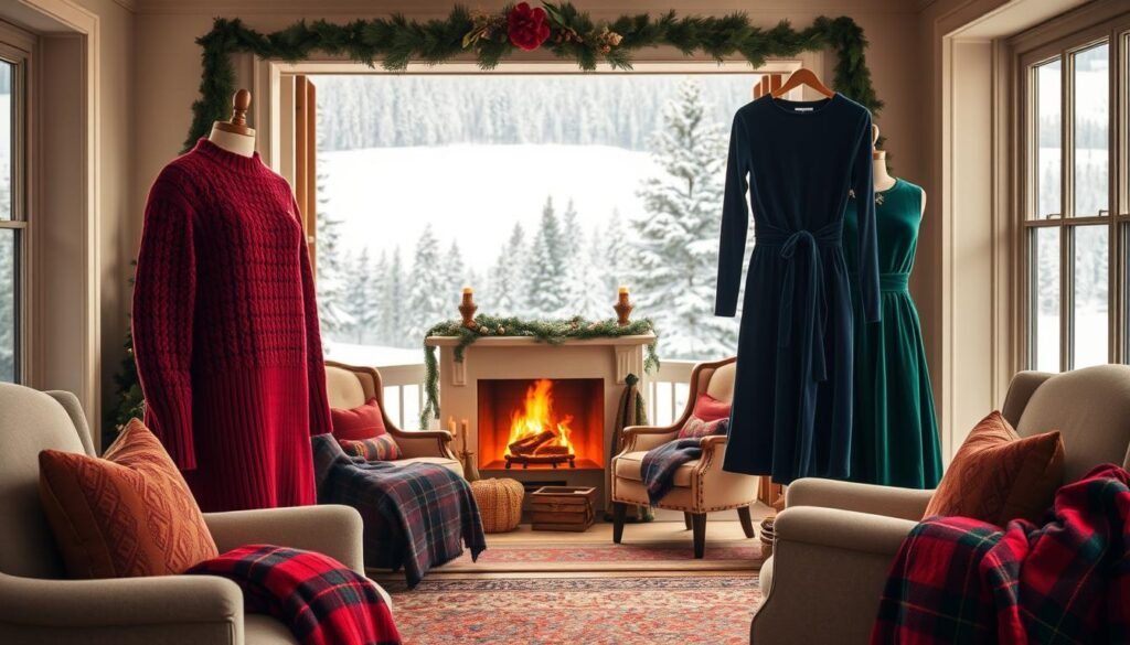A beautifully curated holiday collection by Ralph Lauren, showcasing the essence of classic American elegance. In the foreground, exquisite knitted sweaters and luxurious velvet dresses in rich jewel tones of emerald, ruby, and sapphire. Meticulously tailored, they evoke a timeless sophistication. In the middle ground, a cozy fireplace setting with a roaring fire, casting a warm glow over the scene. Plush tartan blankets and inviting armchairs create a sense of comfort and holiday cheer. The background features a snow-covered landscape, with towering pine trees and a dusting of white, evoking a winter wonderland. Soft, diffused lighting illuminates the entire setting, capturing the essence of Ralph Lauren's iconic Christmas aesthetic. A beautifully curated holiday collection by Ralph Lauren, showcasing the essence of classic American elegance. In the foreground, exquisite knitted sweaters and luxurious velvet dresses in rich jewel tones of emerald, ruby, and sapphire. Meticulously tailored, they evoke a timeless sophistication. In the middle ground, a cozy fireplace setting with a roaring fire, casting a warm glow over the scene. Plush tartan blankets and inviting armchairs create a sense of comfort and holiday cheer. The background features a snow-covered landscape, with towering pine trees and a dusting of white, evoking a winter wonderland. Soft, diffused lighting illuminates the entire setting, capturing the essence of Ralph Lauren's iconic Christmas aesthetic.