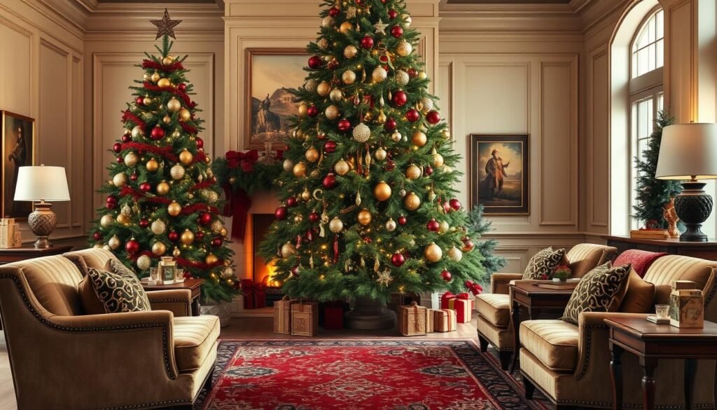 A beautifully decorated Ralph Lauren-inspired Christmas tree in a warm, inviting living room. The tree is adorned with lush, verdant garlands, elegant glass ornaments in shades of crimson, gold, and white, and sparkling string lights that cast a soft glow. In the foreground, plush velvet armchairs and a cozy fireplace with a crackling fire create a cozy, intimate atmosphere. The middle ground features a richly patterned area rug and wooden side tables with antique-inspired accents. The background showcases paneled walls, tall windows, and hints of holiday greenery, all captured in a high-quality, photorealistic style. A beautifully decorated Ralph Lauren-inspired Christmas tree in a warm, inviting living room. The tree is adorned with lush, verdant garlands, elegant glass ornaments in shades of crimson, gold, and white, and sparkling string lights that cast a soft glow. In the foreground, plush velvet armchairs and a cozy fireplace with a crackling fire create a cozy, intimate atmosphere. The middle ground features a richly patterned area rug and wooden side tables with antique-inspired accents. The background showcases paneled walls, tall windows, and hints of holiday greenery, all captured in a high-quality, photorealistic style.