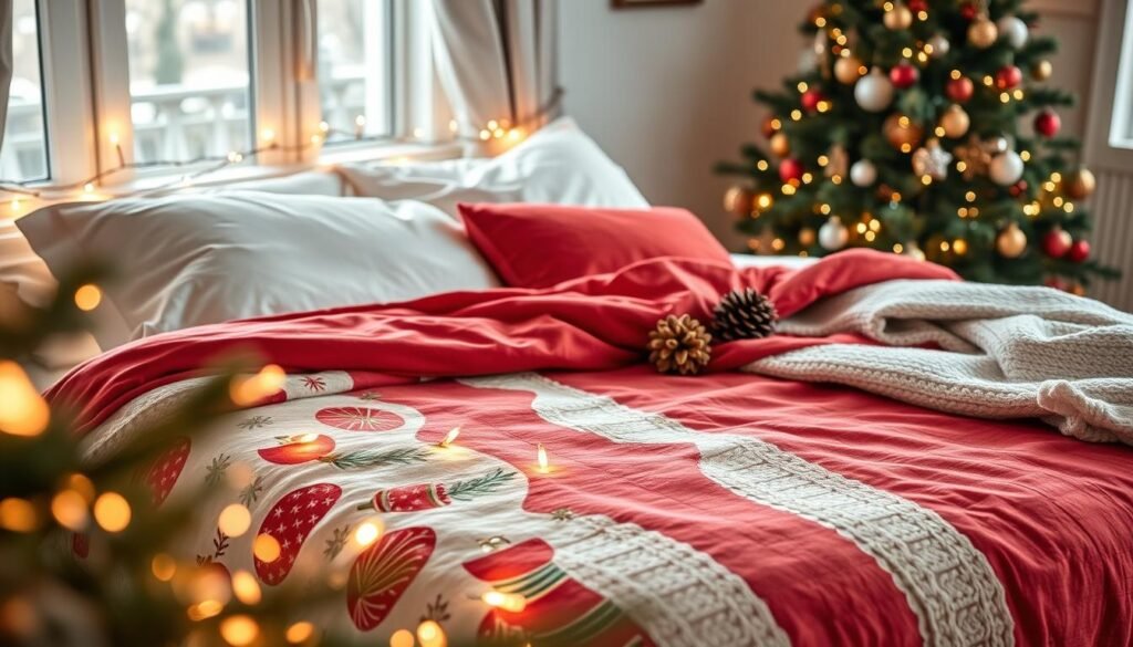 A beautifully designed reversible Christmas bedspread, featuring a cozy, festive pattern of snowflakes and holiday ornaments on one side, while the reverse showcases a warm, solid red fabric. The bedspread is elegantly draped over a neatly made bed with fluffy white pillows and a knitted throw blanket accentuated with pinecone decorations. In the foreground, softly glowing fairy lights are strung across the headboard, adding to the warmth of the scene. Natural light filters through a nearby window, casting gentle shadows and creating a serene atmosphere. The background hints at a tastefully decorated Christmas tree, adorned with twinkling lights and colorful ornaments, enhancing the holiday spirit. The overall mood is inviting, evoking a sense of comfort and celebration ideal for cozy winter nights.