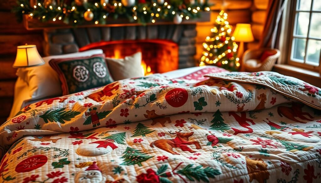 A beautifully quilted Christmas bedspread spread across a cozy, inviting bed. The bedspread features intricate holiday scenes, including snowmen, Christmas trees, and whimsical reindeer, all stitched with vibrant colors like red, green, and gold. In the foreground, there are plush pillows with festive patterns. The middle layer reveals soft, warm lighting illuminating the quilt's textures and embroideries, creating a welcoming atmosphere. The background showcases a rustic cabin setting with a crackling fireplace, adorned with garlands and twinkling fairy lights, emphasizing a warm, cozy vibe. The scene captures the magic of the holiday season, inviting viewers to imagine snuggling up under the beautiful quilt on chilly winter nights. Utilize a soft-focus lens for a warm, dreamy effect.