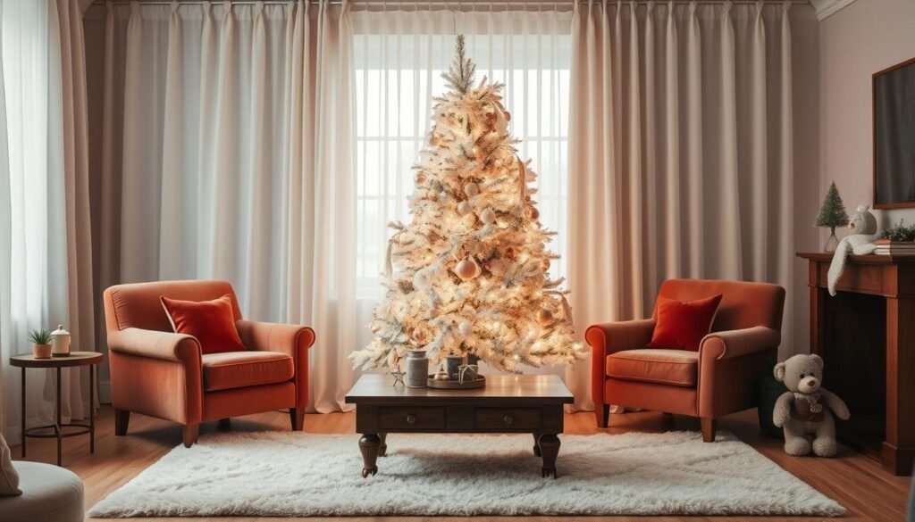 A blush-toned Christmas tree stands as the centerpiece of a cozy and inviting living room. Delicate pink ornaments and garlands adorn the lush, full branches, casting a soft, warm glow. The tree is positioned on a plush, cream-colored rug, surrounded by plush velvet armchairs and a classic wooden coffee table. Soft, diffused lighting filters through sheer curtains, creating a serene and intimate atmosphere. The overall scene evokes a sense of comfort, nostalgia, and the holiday spirit, perfect for a cozy Christmas celebration.